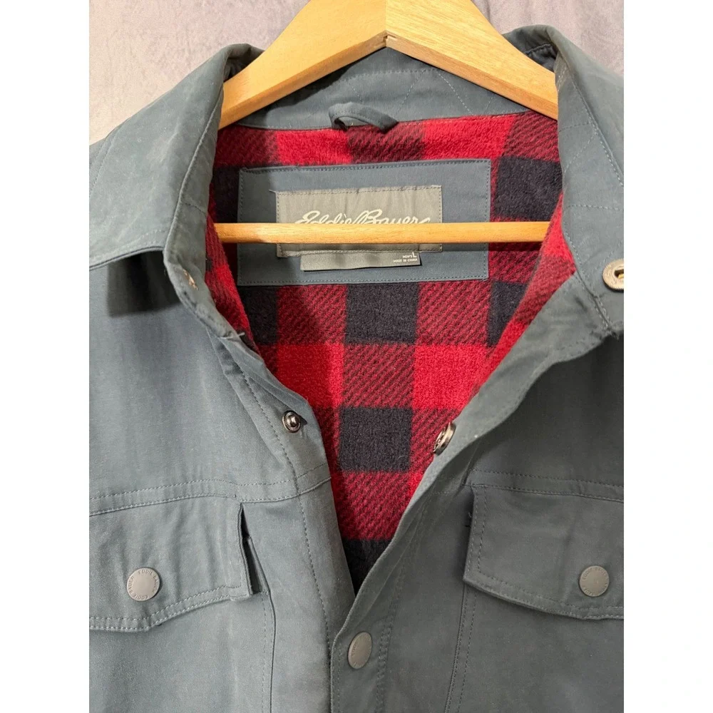 Eddie Bauer Mens Flannel Lined Shirt Jacket Blue Gray Plaid Snap Front EM32LW904